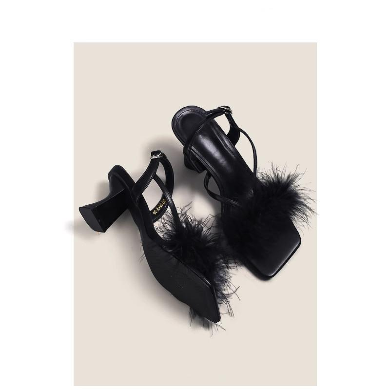 Maogu Feather Sandals for Girls Women Leather Narrow Band Ankle Strap Sandalias Summer Sexy Party Dress Stiletto Shoes Stilettos