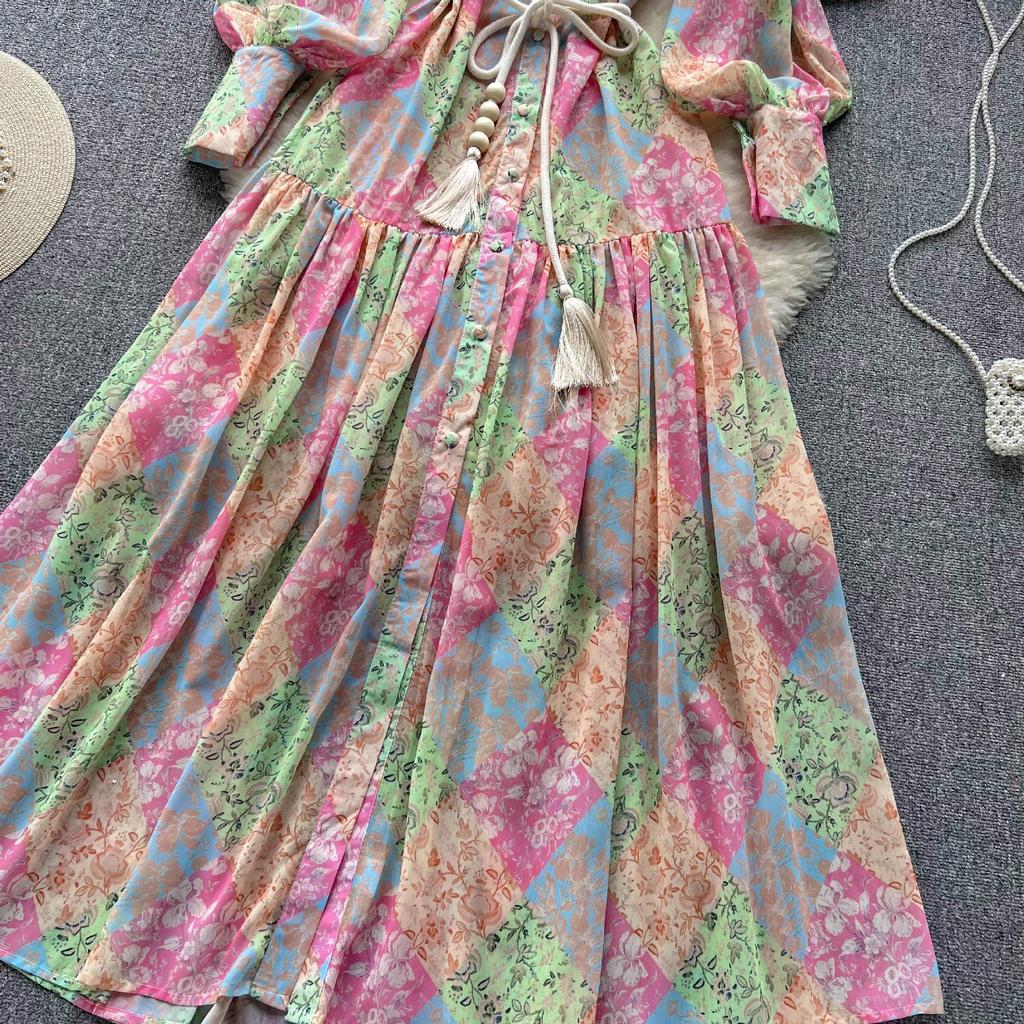 Women's Chiffon Print Dress: Stand Collar, Long Sleeve, Tie-Waist, Perfect for Spring & Autumn Vacations