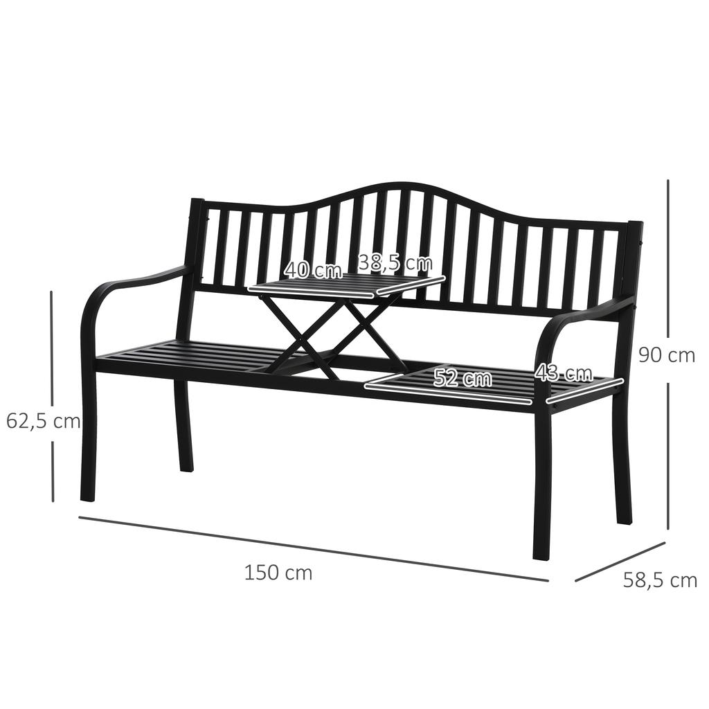 Metall-Gartenbank mit hochklappbarem Mitteltisch. Garten-Zweisitzer. Gartenbank für den Garten. Vorbau. Sitzplätze für 2–3 Personen. Schwarz