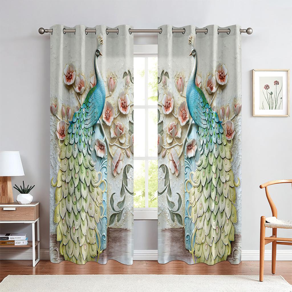 Classic Peacock Print Curtain Blue Embossed Effect 2 Panel Fit Living Room Bedroom Balcony Kitchen Window Decor