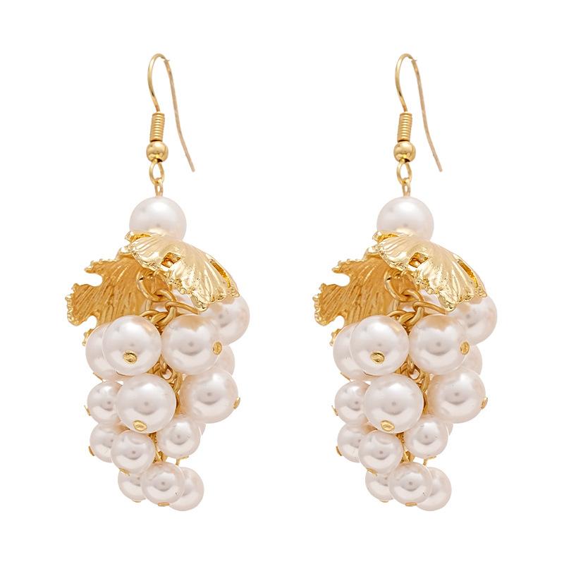 Baroque leaf grape imitation pearl fringed ear hook earrings French retro niche temperament high-end earrings women