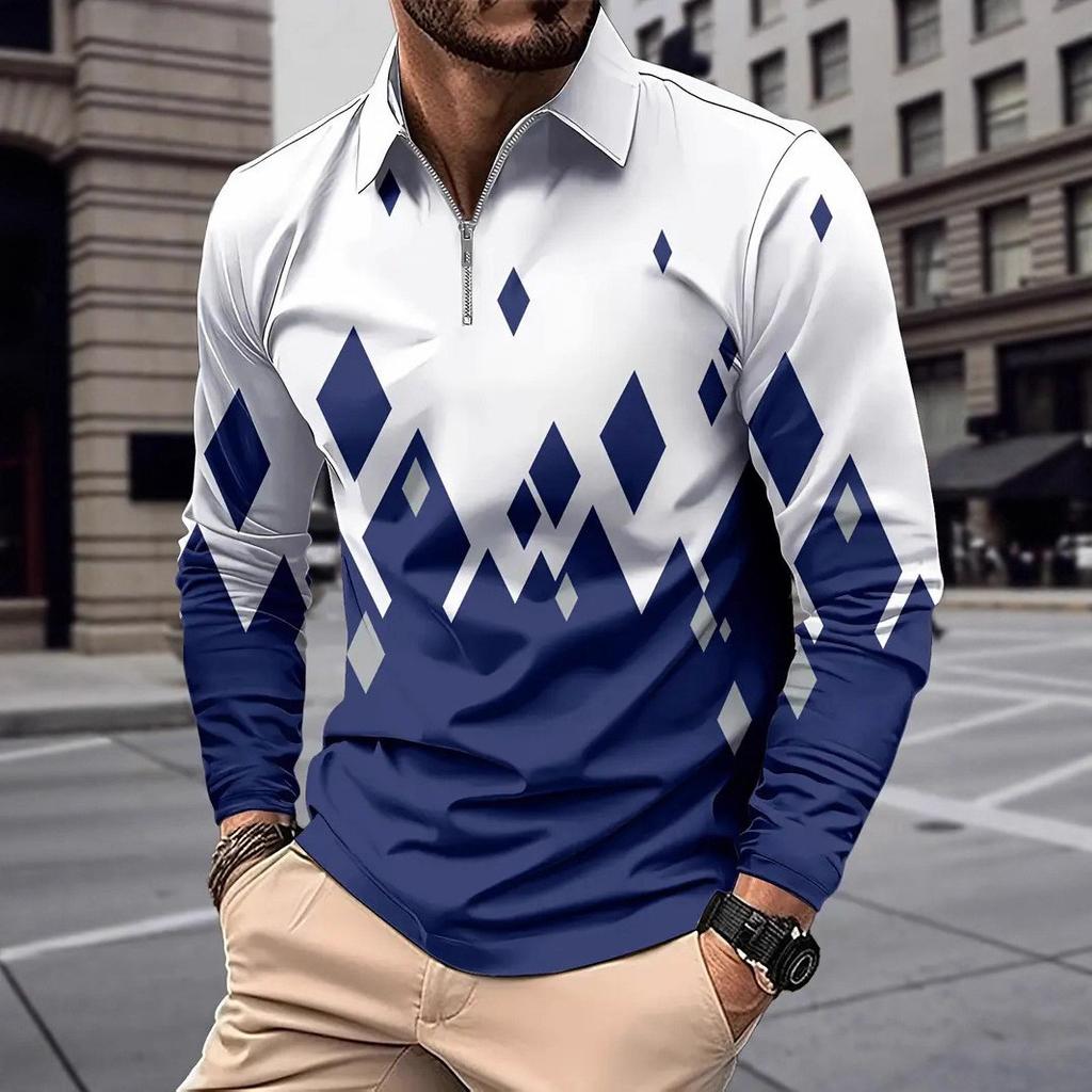 Vintage Tribal Print Long Sleeve Polo Shirt, Stylish Casual Men's Top