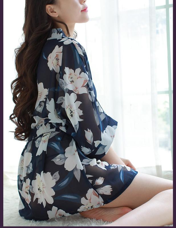 SCIONE Seksi Şifon İç Çamaşırı Kadın Büyük Beden Pijama Bayan Baskılı Gecelik Bornoz Takımı