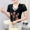 Summer New Fashion Korean Clothes Women's T-shirt Luxury Flower Hot Diamonds Tees Sexy Streetwear Girls Slim Short Sleeve Tops