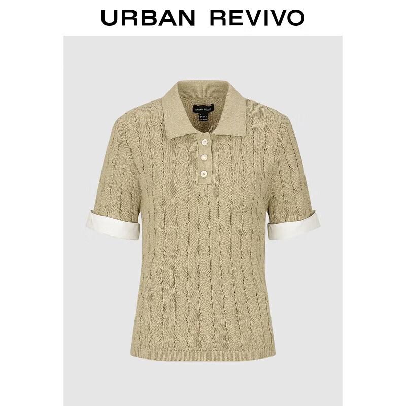 UR2026 Women s Casual Contrast Cable Knit Polo Sweater M хаки