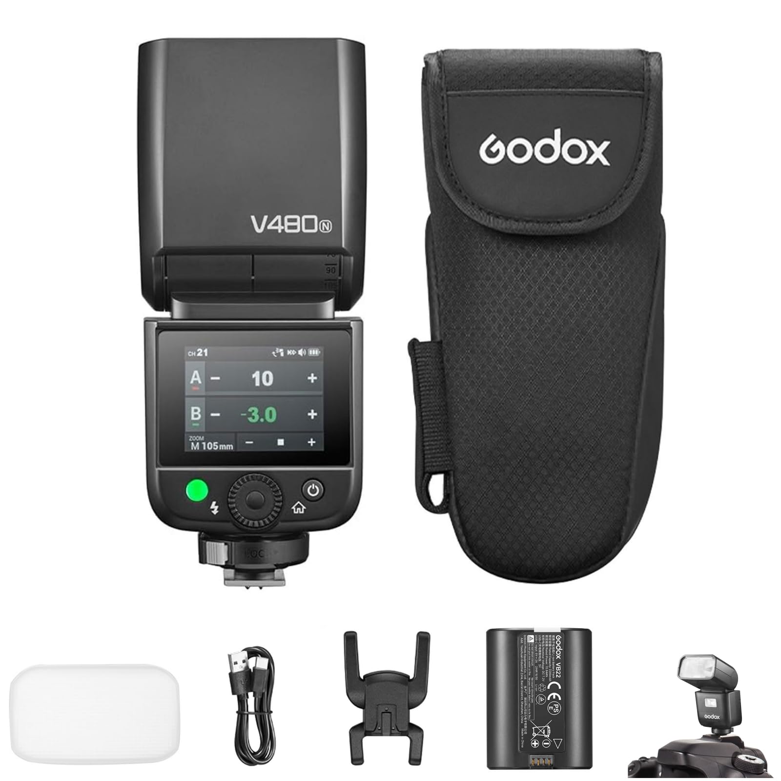 GODOX V480N TTL Вспышка для камеры GN50 650 Вспышка Вторая зарядка 5600K Светодиодная пилотная лампа Рассеиватель Совместимость с камерами Nikon Nikon, Speedlight, Количество, чёрный