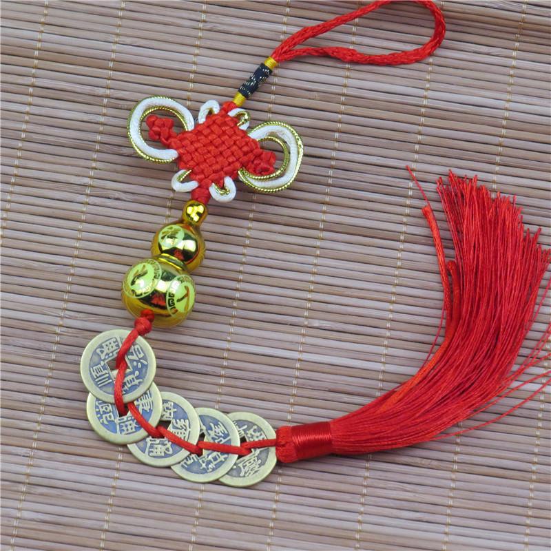 Chinese Knot Yuanbao Copper Pendant with Five Emperor Coins and Peace Gourd Ornament