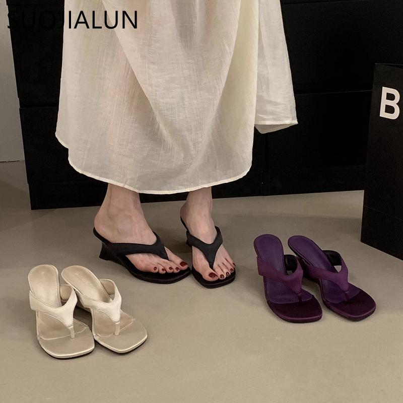 Fashion SUOJIALUN 2025 Summer New Brand Women Slipper Fashion Narrow Band Ladies Elegant Flip Flops High Wedge Heel Dress Sandal Pumps