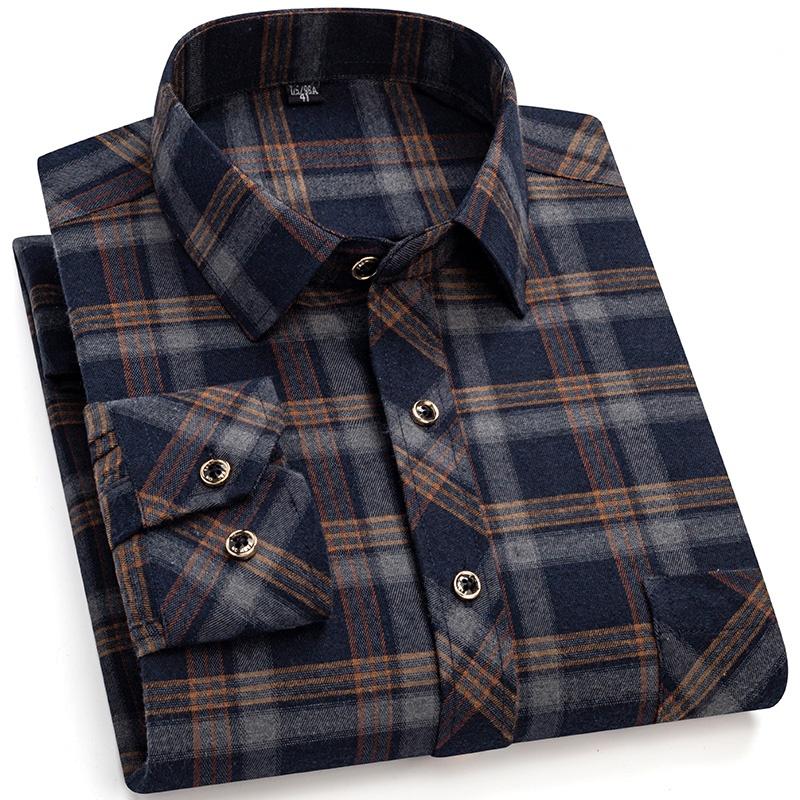 M-6XL Men's Pure Cotton Flannel Shirts Long Sleeve Single Pocket Casual Plaid Thick Soft Cozy Brushed Shirts Blouse Men Clothing