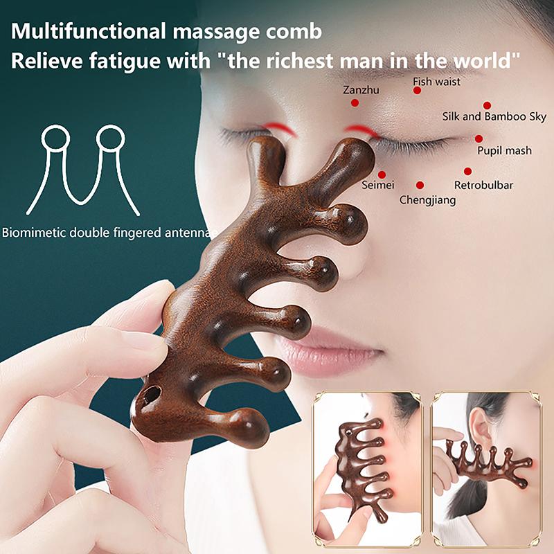 Five Teeth Sandalwood Massage Comb Head Face Nose Eye Shoulder Neck Scraping Comb Anti-Static Anti-Hair Loss Meridian Massage