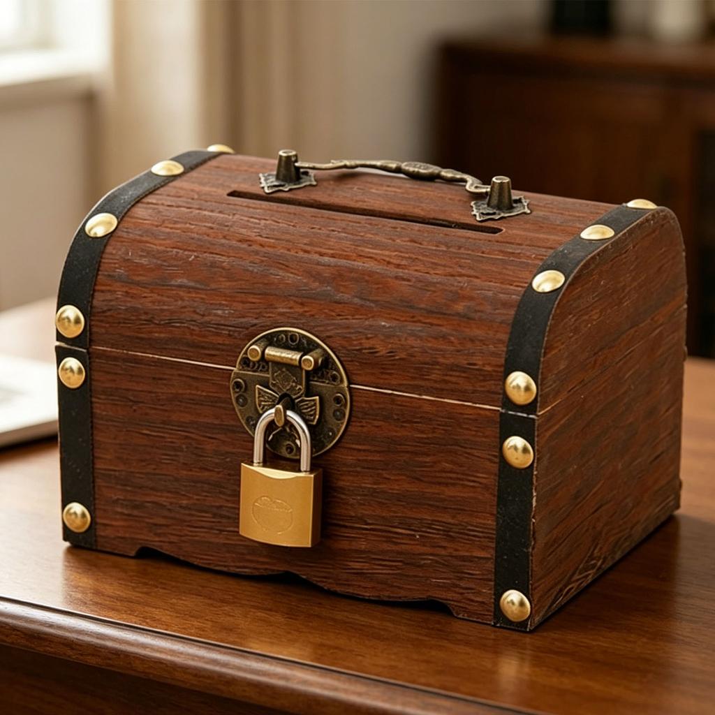 Wooden Piggy Bank Vintage Treasure Chest Shaped Money Saving Bank for Home Decor Party Display 14x10x10cm with Lock
