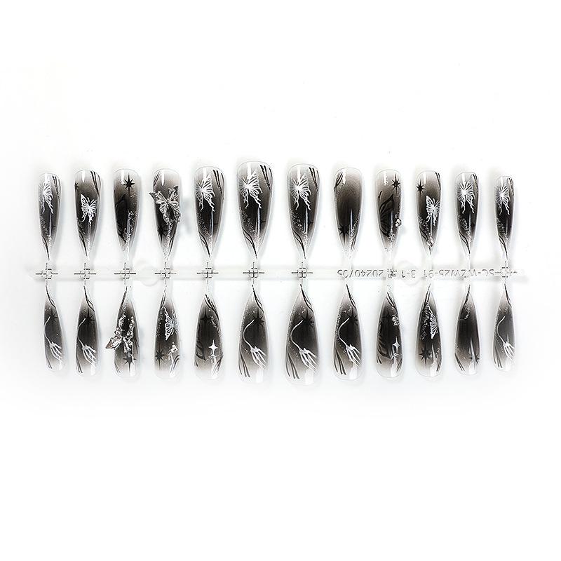 

Черные и телесные серебристые ногти-накладки с бриллиантовым дизайном в виде бабочки - Длинные, заостренные кончики