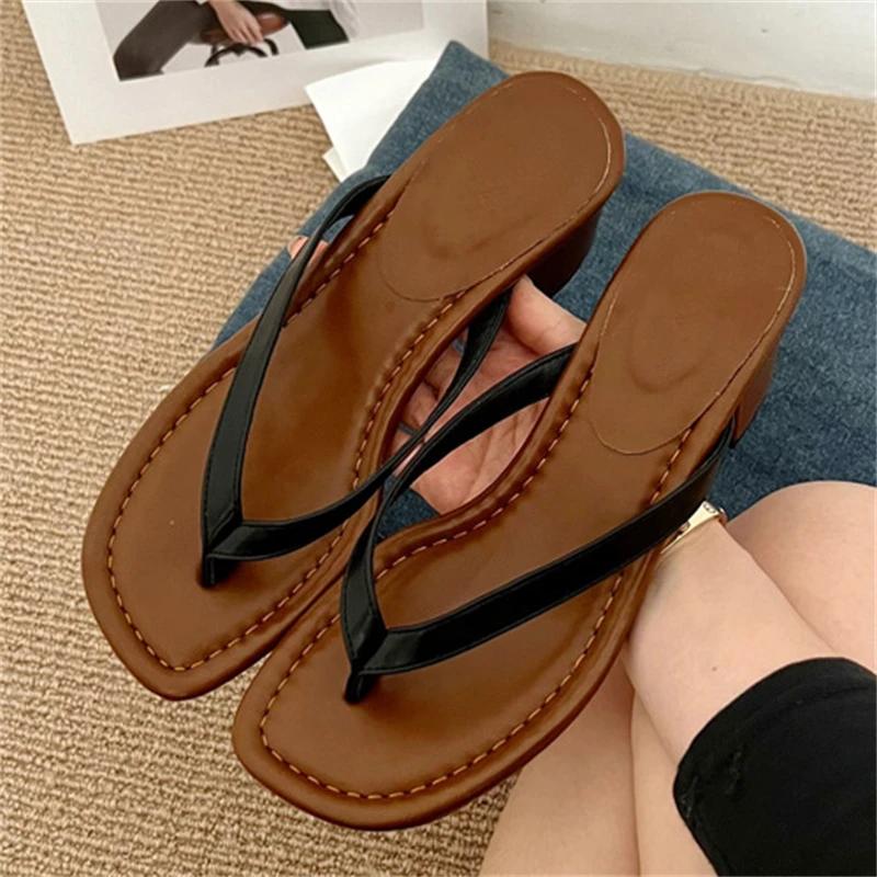 Summer Clip Toe Square Low Heels Women Slippers Sandals Fashion Casual Flip Flops Party Shoes Zapatos De Mujer