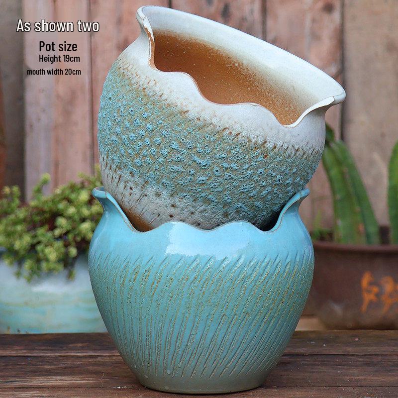 Large Handmade Coarse Pottery Succulent Flower Pot with Shallow Cut Opening