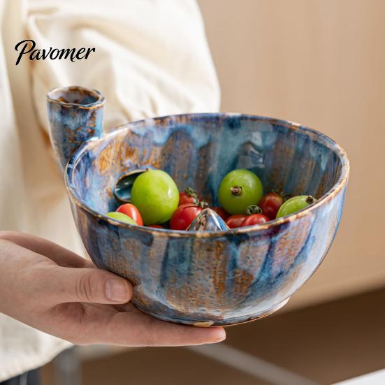 Kitchen Prep Accessory Ceramic Berry Washing Bowl with Drainage Holes, Multifunctional Fruit Handcrafted Kitchenware Colander Basin, Swirl Design