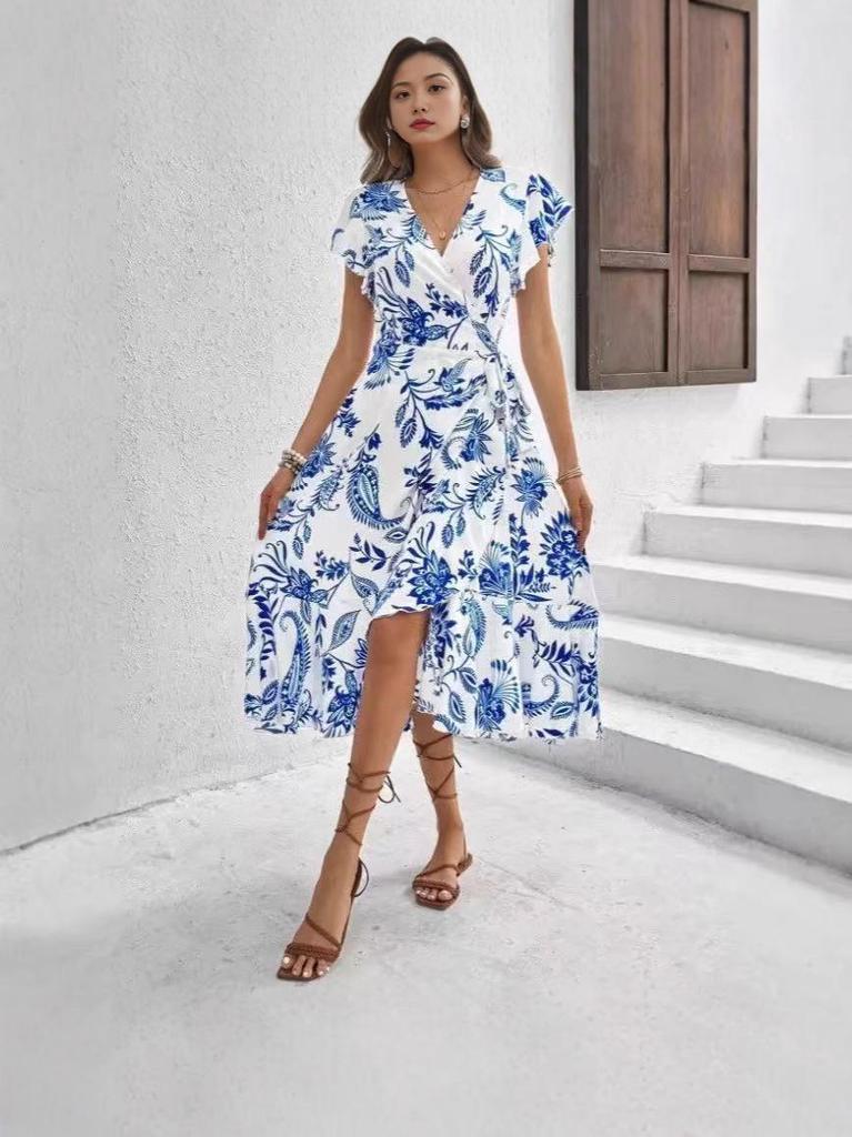 2025 European Summer Women's V-Neck Ruffle Dress with Digital Print