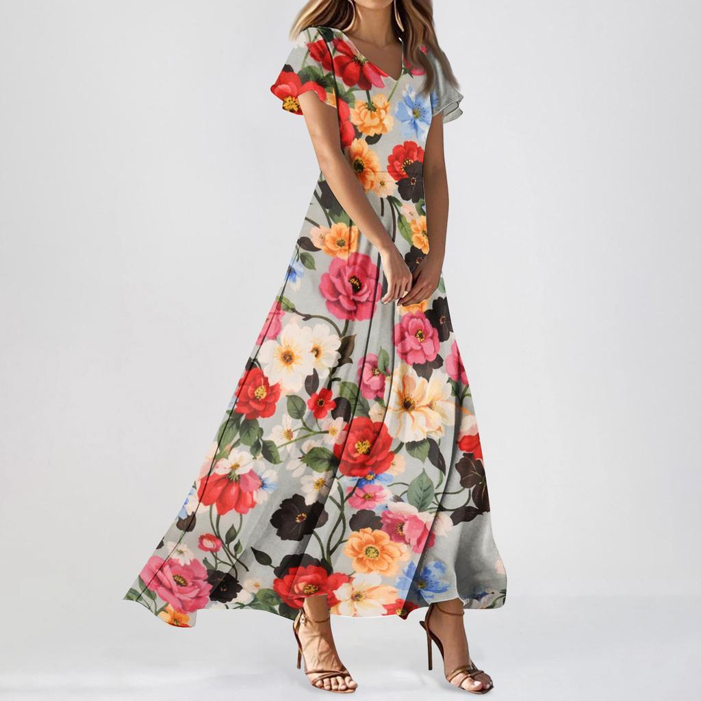 Women Casual Floral Print Maxi Dress V Neck Short Sleeve Lightweight Long Dress with Flowing Skirt for Everyday Wear