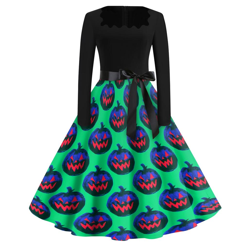 Women's Casual Vintage Dress with Halloween Print Square Neck for Daily Wear
