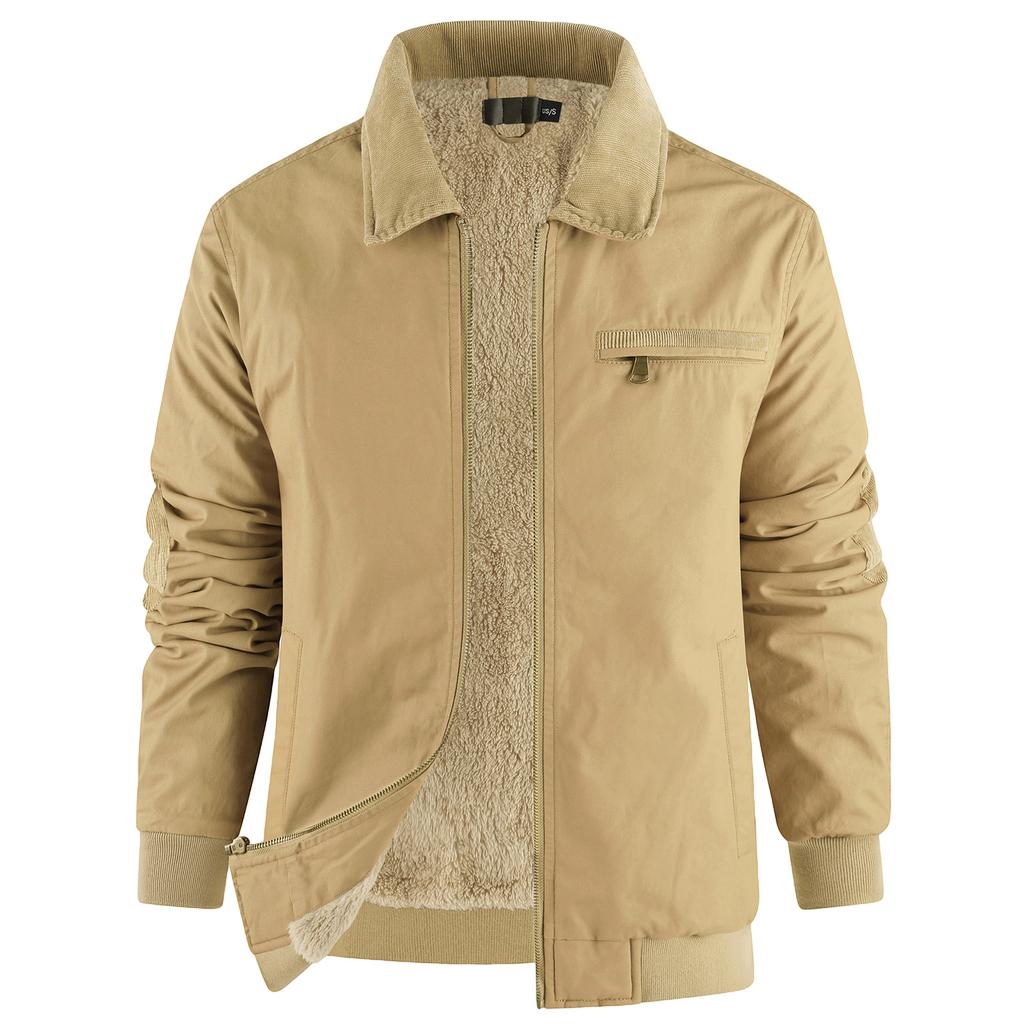 Men's Solid Color Zipper Pocket Work Jacket Men's Casual Trucker Fleece Jacket
