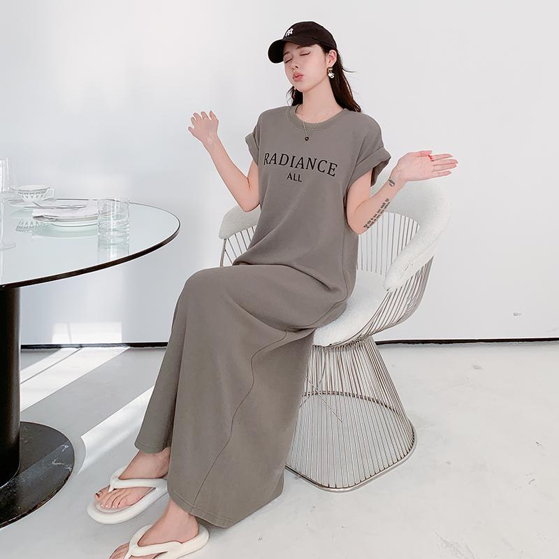 MODIQUE Summer Plus Size Women Loose Versatile Minimalist A-Line Letters Print T-Shirt Long Dress Female Casual Solid Color Short Sleeve O-Neck Dress