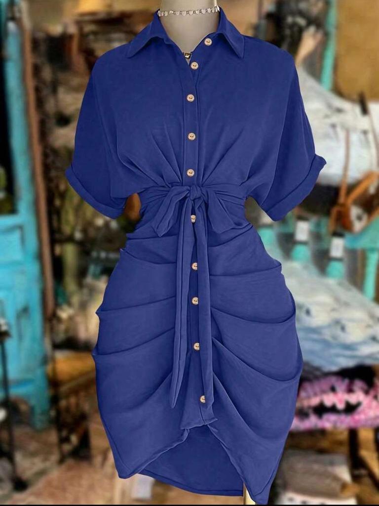 Elegant European & American Style Lace-up Shirt Dress with Adjustable Lapel and Waist-cinching Design - Fashionable Women's Attire for 2026.