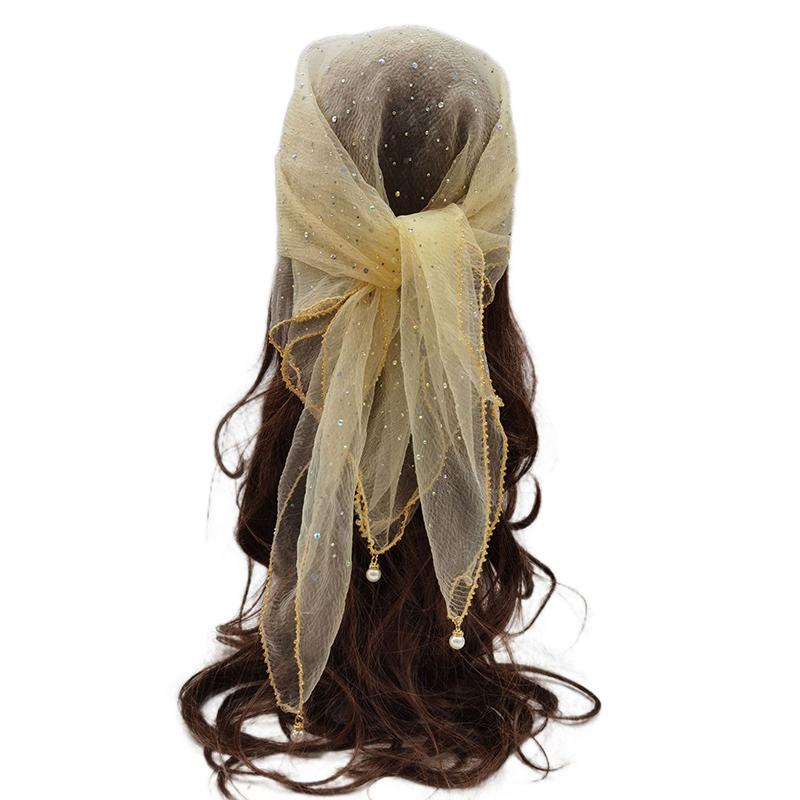 Versatile Pearl Tassel Rhinestone Square Scarf Lace Trim Hair Wrap Full Sky Star Headwrap Solid Color Breathable Fabric Scarf