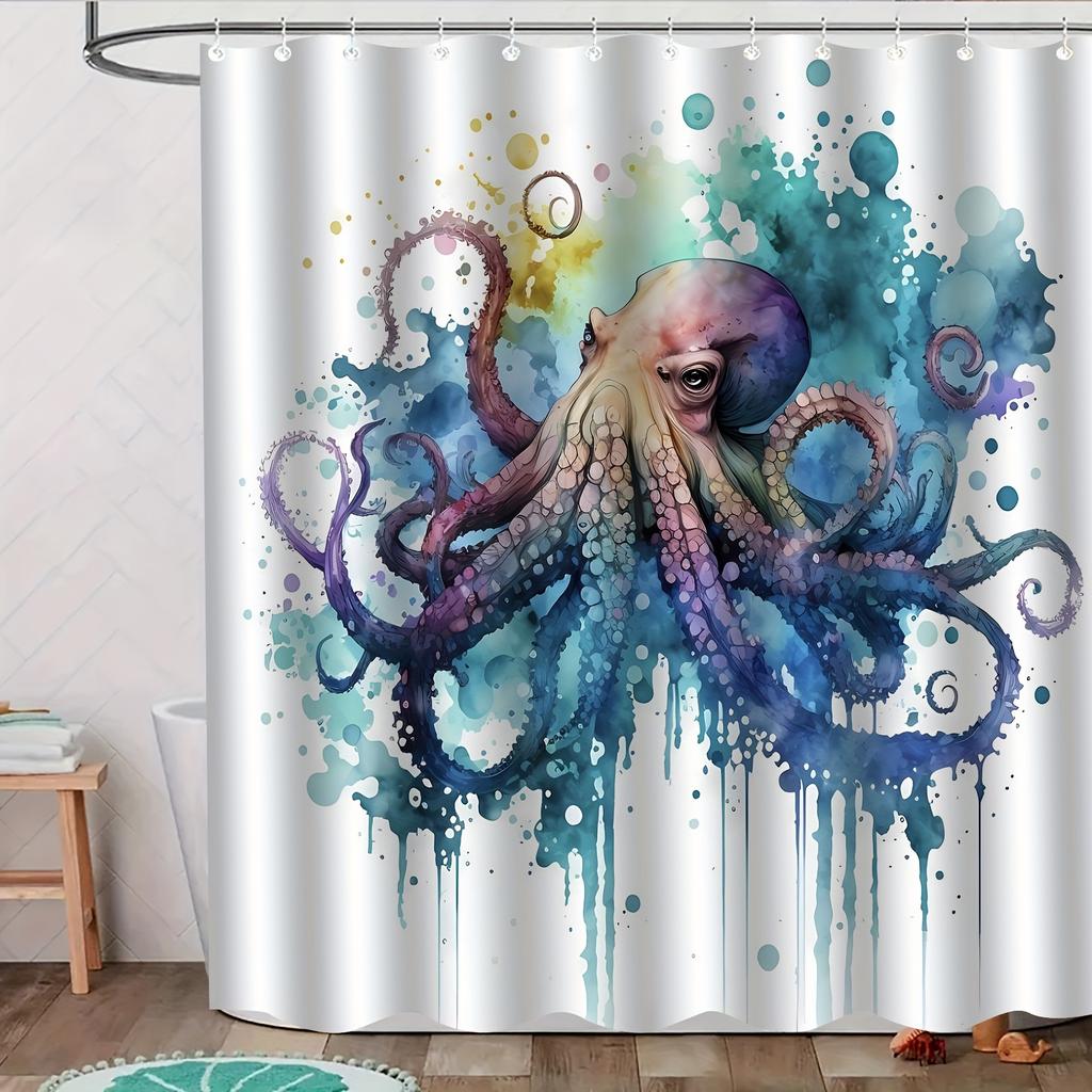Watercolor Octopus Shower Curtain Ocean Art Sea Creature Design Bathroom Decor Waterproof Printed Bath Curtain Home Fashion
