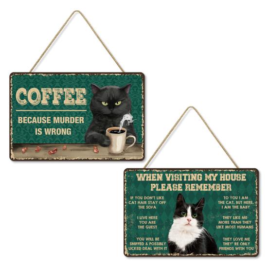 Retro Cat Coffee Wall Sign Funny Black Cat Wall Art Poster Vintage Wood Hanging Sign for Kitchen Coffee Bar Home Decor