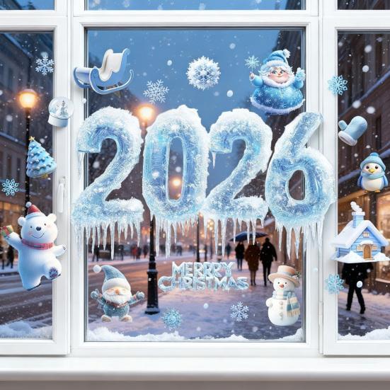 2026 Christmas Window Clings Blue Snowflake Ice Double-Sided Window Stickers PVC