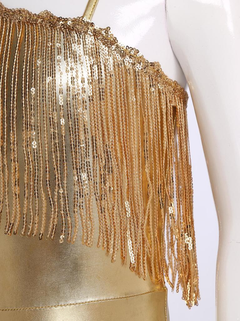 Kids Sparkly Jumpsuit Off-shoulder Sleeveless Sequin Tassels Flared for Pageant Show