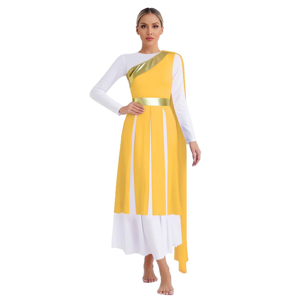 S-XXL Lyrical Worship Dance Dress One Shoulder Sleeveless Metallic Shiny Patchwork Slit Hem Tunic with Drape for Stage
