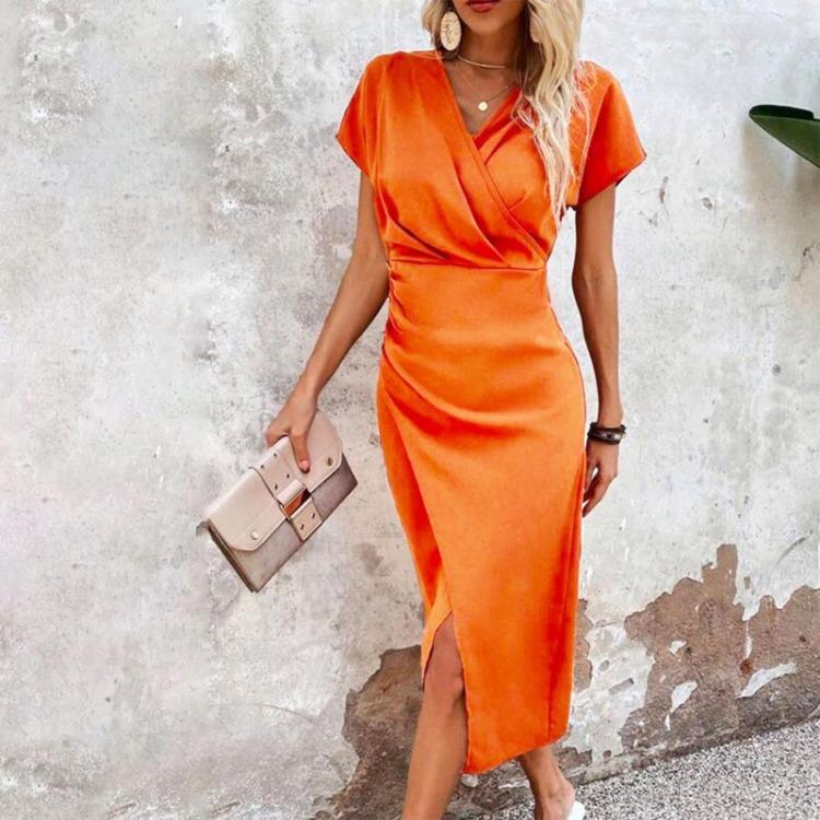 Şık Kadın Yaz Dar Kesim V Yaka Günlük Kokteyl İş Resmi Akşam Sarma Elbise