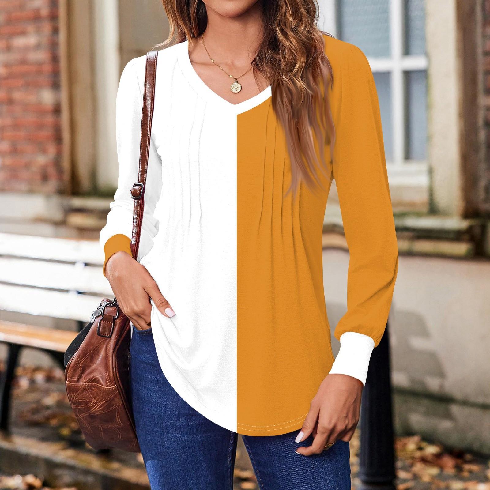 

Женские рубашки с длинным рукавом-фонариком, плиссированные туники с V-образным вырезом, осенние топы с длинным рукавом и принтом L оранжевый