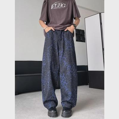 Erkek Genç Retro Leopar Desenli Geniş Paça Pantolon - Trend, Yakışıklı, Bol Kesim Günlük Pantolon