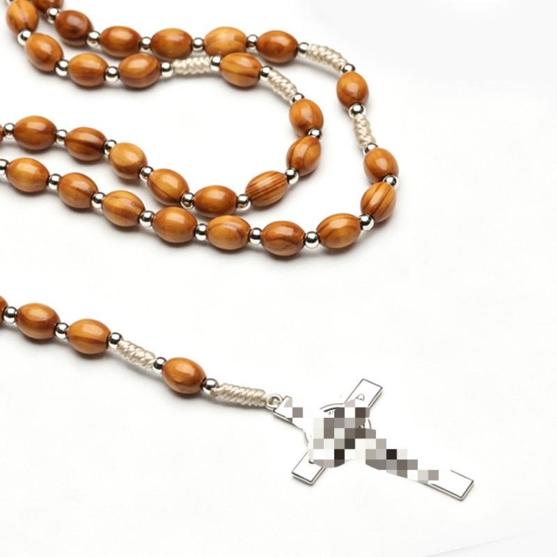 Natural Pine Wood Imitation Prayer Beads Necklace with Spacer Beads - Handwoven Cross-border Ornament, 10x8 Beads, with Spacer Beads.