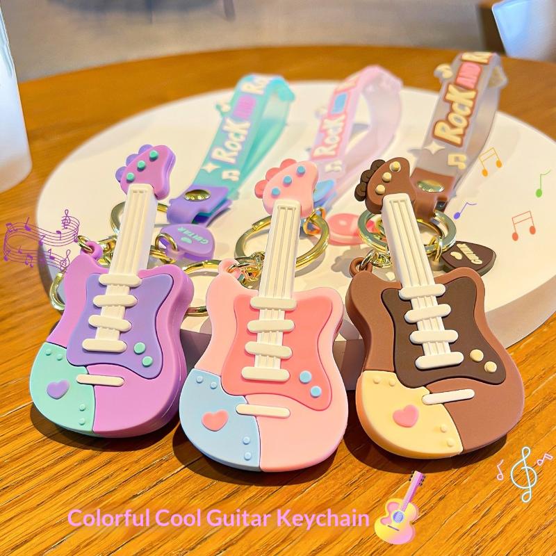 Cute Cartoon Guitar Shaped Silicone Keychain With Wrist Strap Pastel Design For Bag Decor Gifts For Music Lovers