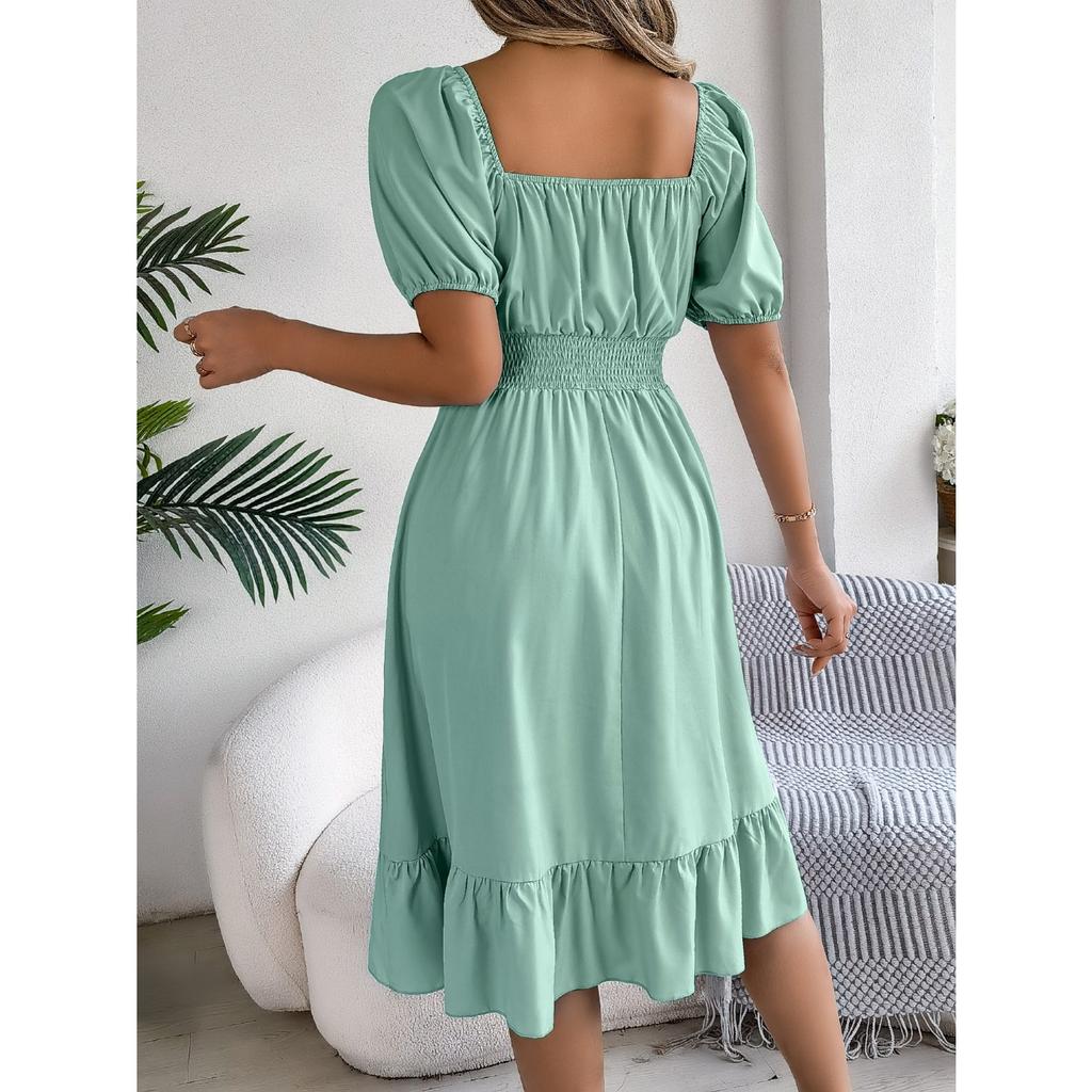 GMXIA Spring and Summer Casual Square-neck Short-sleeved, Waist-cinched, Ruffled A-line Skirt Women's Clothing