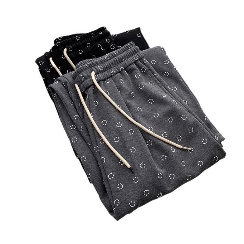 Gray Smiley Face Printed Straight Wide-leg Pants Women's Spring and Autumn New High-waisted Drape Sweatpants Loose and Thin Casual Pants