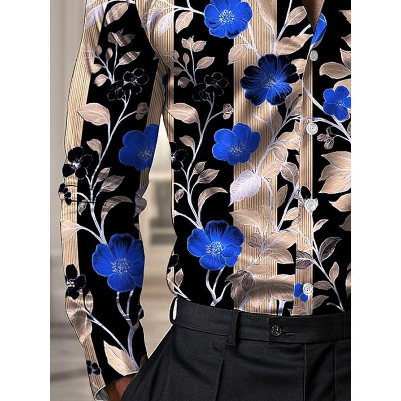 Men's Floral Print Long Sleeve Shirt Fashion Casual Slim Fit Trendy Blue Flower Pattern Dress Shirt for Party Daily Wear