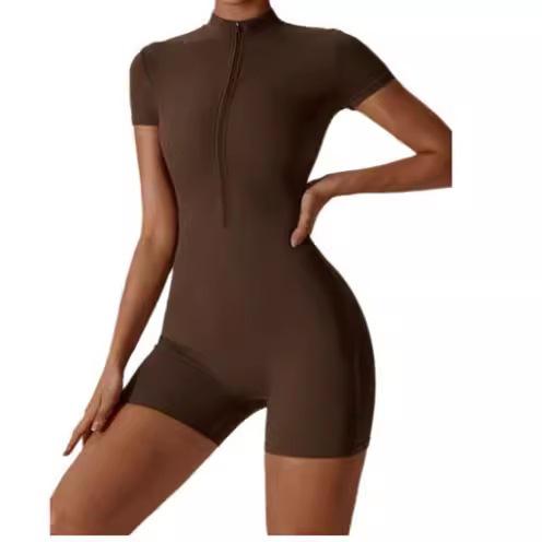 Women Half Zip Short Sleeve Yoga Romper High Stretch Tight Workout Jumpsuit Sport Dance Fitness Bodysuit Shorts Playsuit