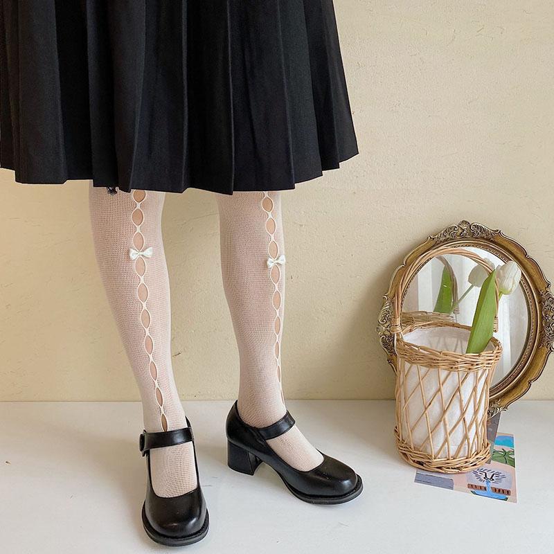Lolita Hollow Lace Pantyhose Summer Kawaii Bowknot Girls Stockings Breathable Fishnet Nylon Women Pantyhose