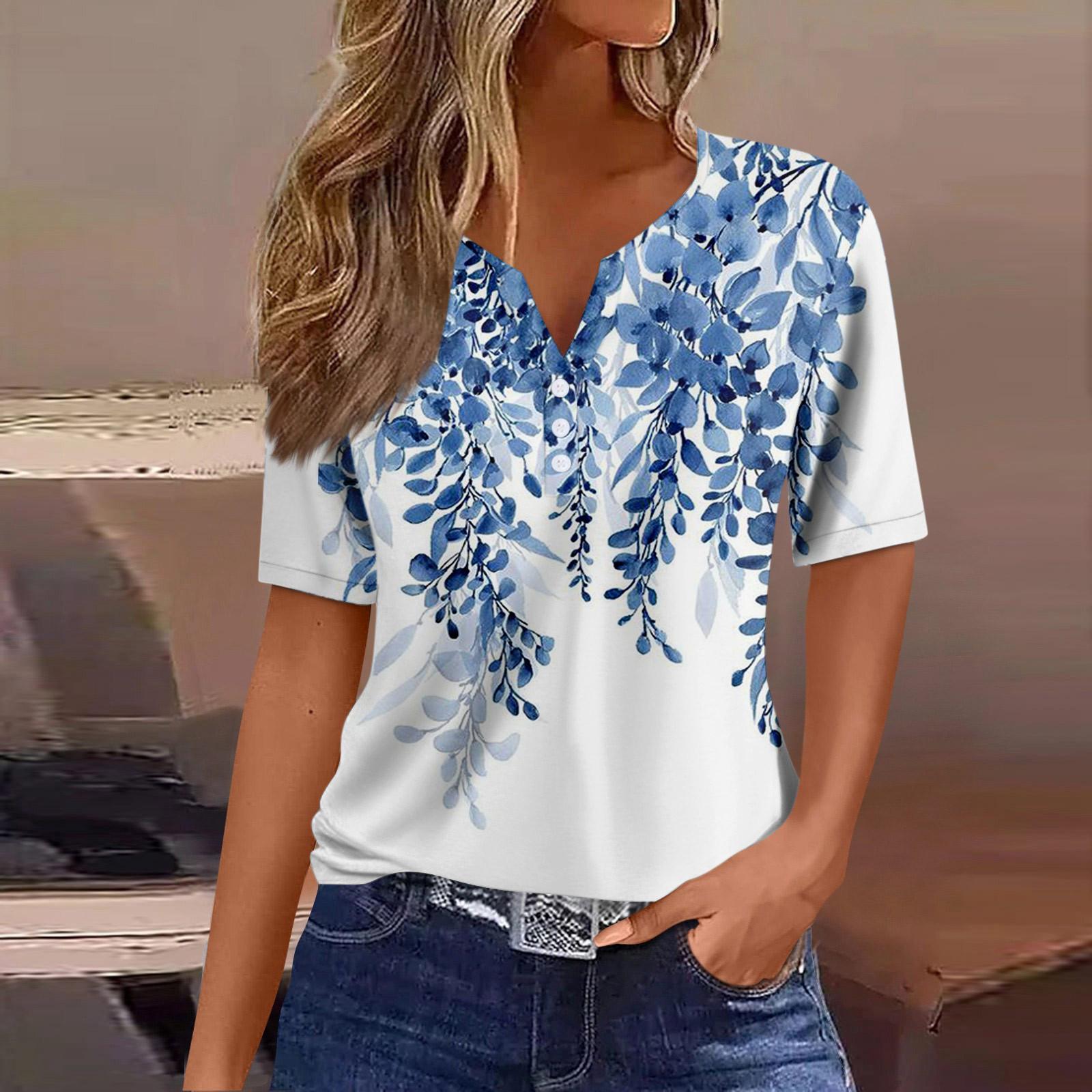 

Женская модная повседневная винтажная футболка с v-образным вырезом и коротким рукавом с декоративными пуговицами, топ XL синий
