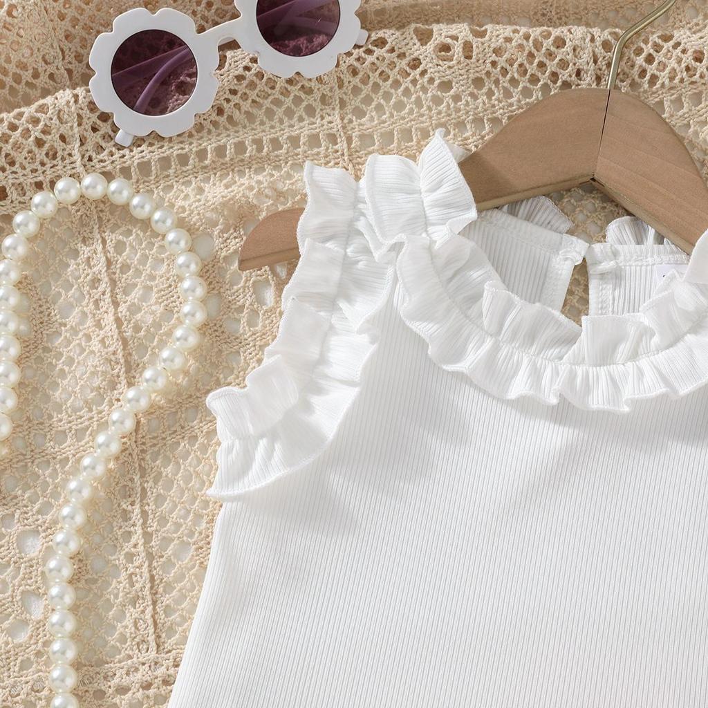 Baby Girls 2-Piece Outfit, Ribbed Ruffle Neck Top and Embellished Denim Shorts