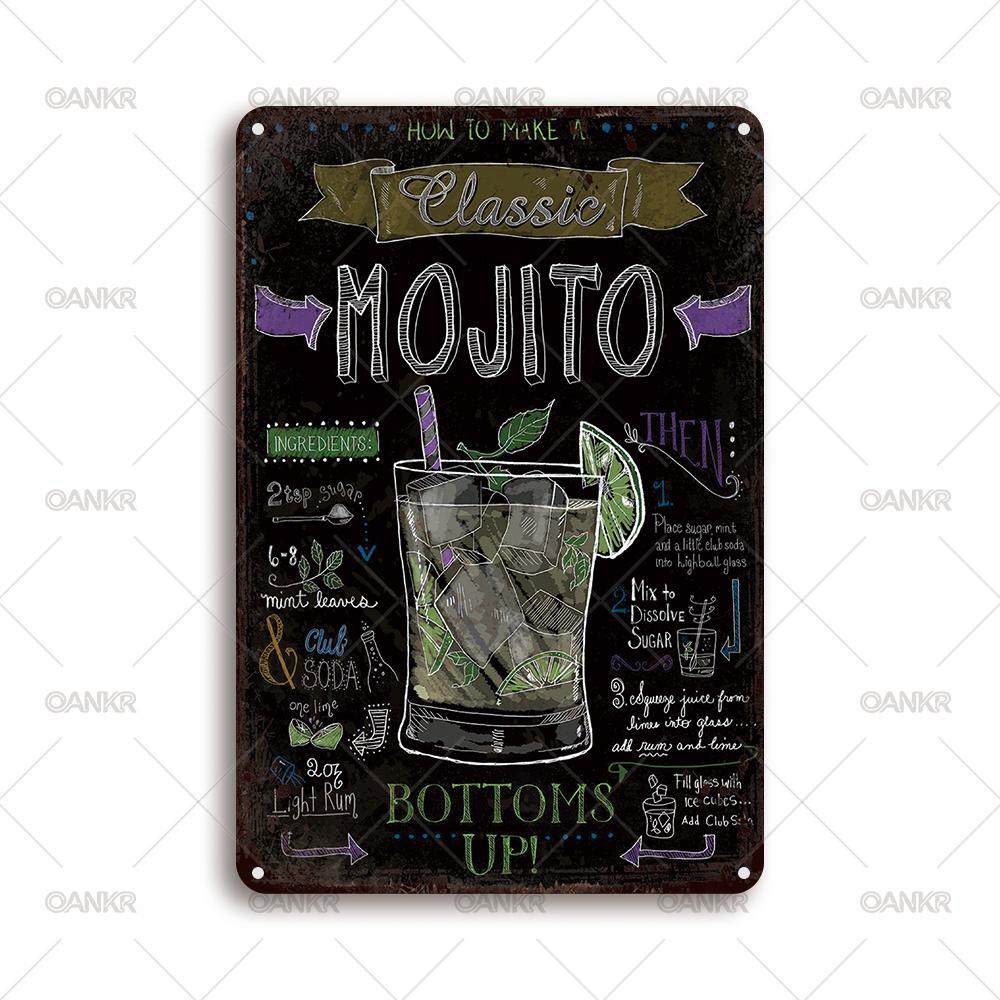 Vintage Art Cocktail Poster Metal Tin Sign Classic Mojito Cocktail Recipe Metal Signs for Home Pub Bar Wall Decor Plaque 20x30cm(7.8x11.8inch)
