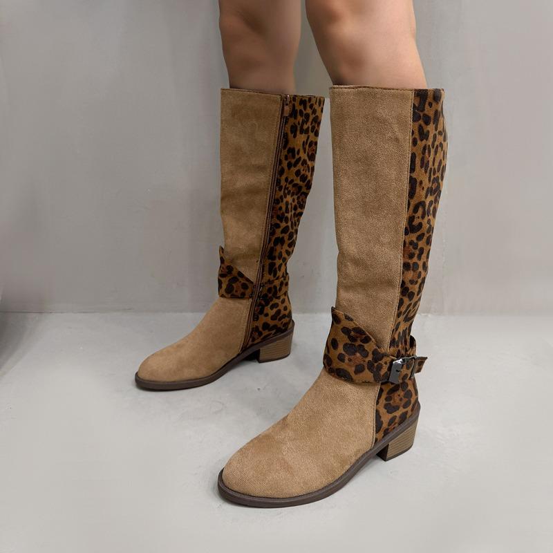Autumn and Winter Leopard Pattern Belt Buckle High-tube Boots Side Zipper Thick-heeled Mid-heeled Knight Boots Women