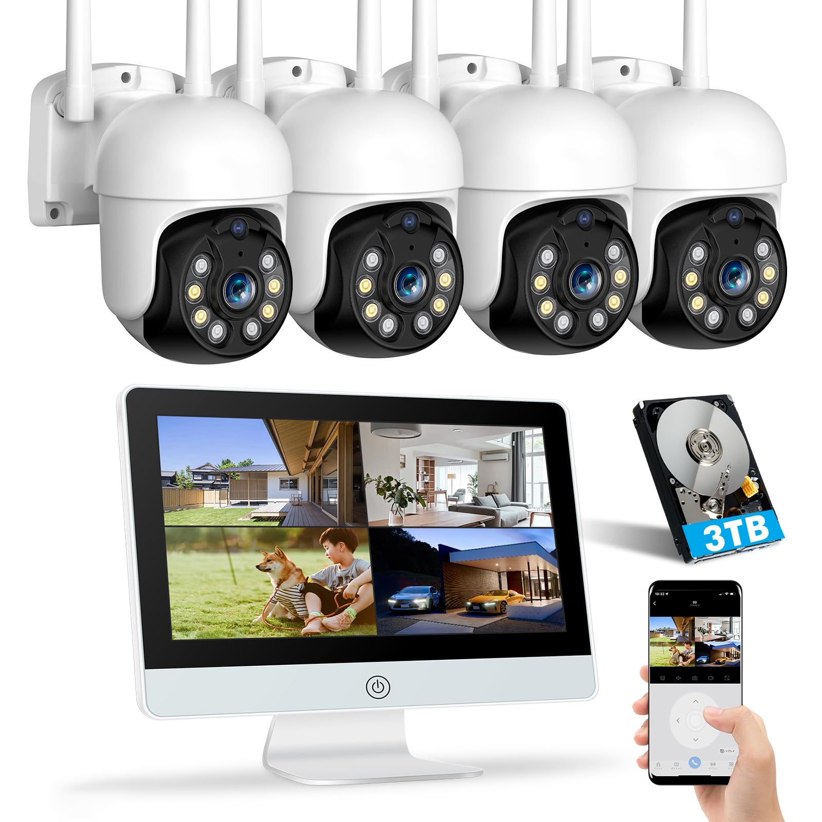 

Набір бездротових вуличних камер безпеки YESKAMOO з 5 мегапікселями та всеспрямованою IPS безпекою та 4 інтегрованими, з можливістю розширення до 10, AI розпізнаванням людей білий