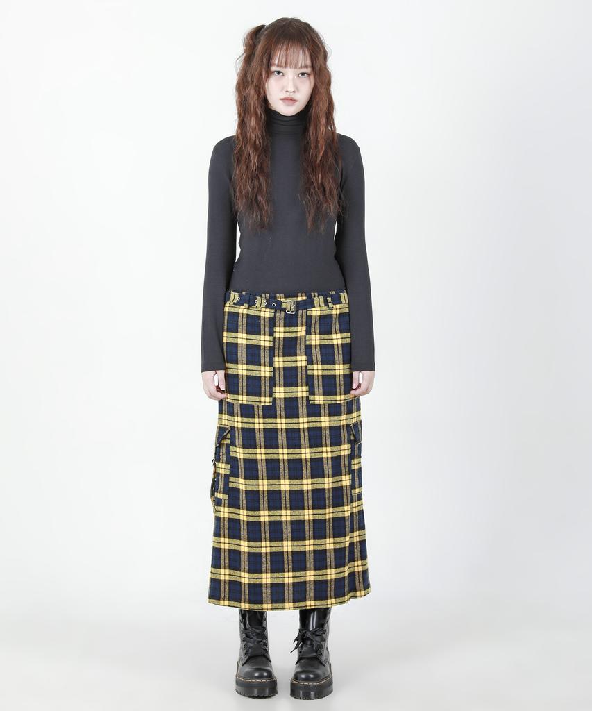 Catharsis Check Belted Elastic Long Skirt Yellow One Size