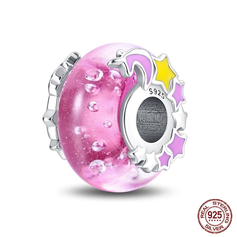 925 Sterling Silver Blue Ocean Flower Feather Luminous Glass Charms Fashion Beads Fit Brand 3mm Original Bracelets DIY Jewelry