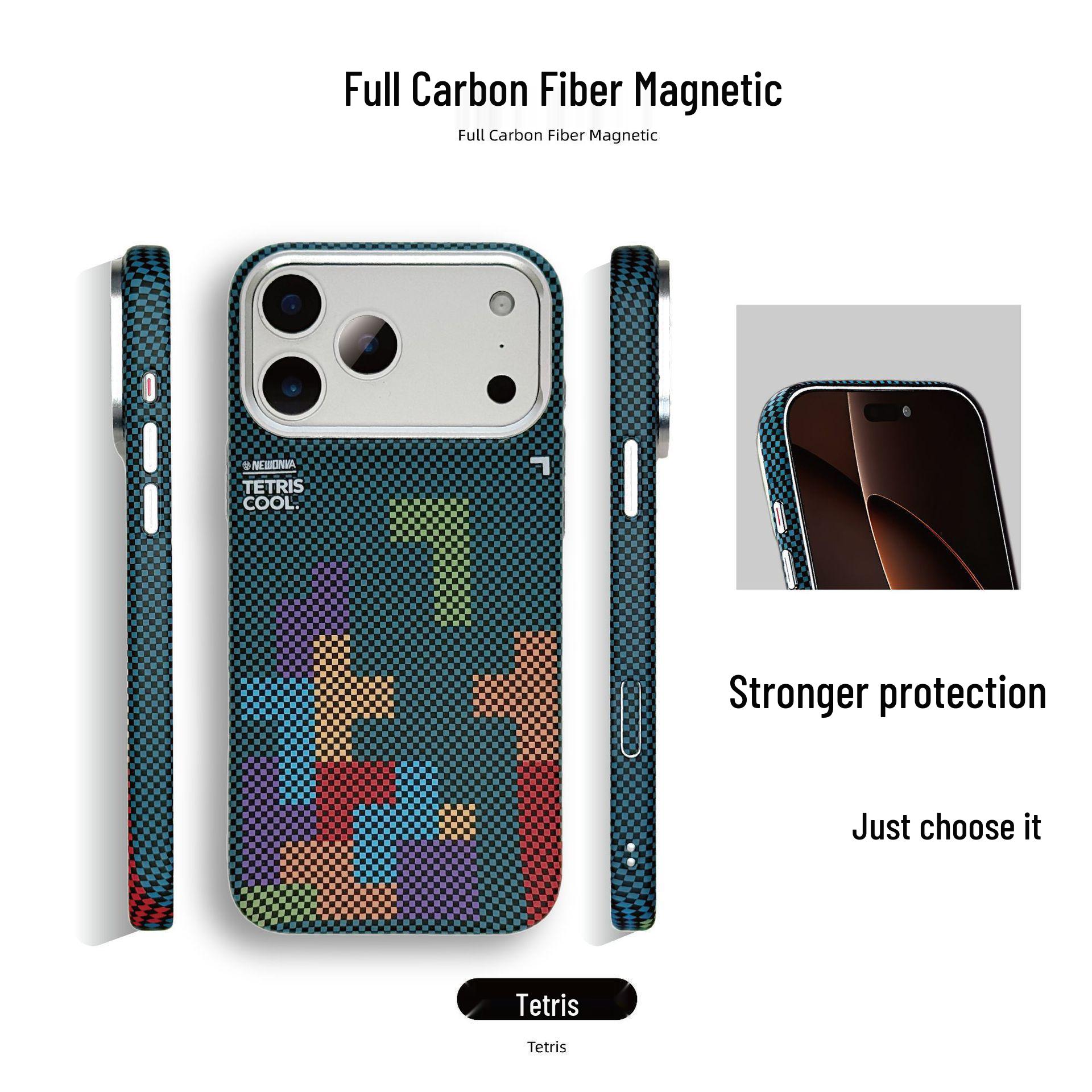 Compatible with iPhone 17 Pro Max: Carbon Fiber Magnetic Drop-Proof Tetris Design Protective Case. iPhone 17