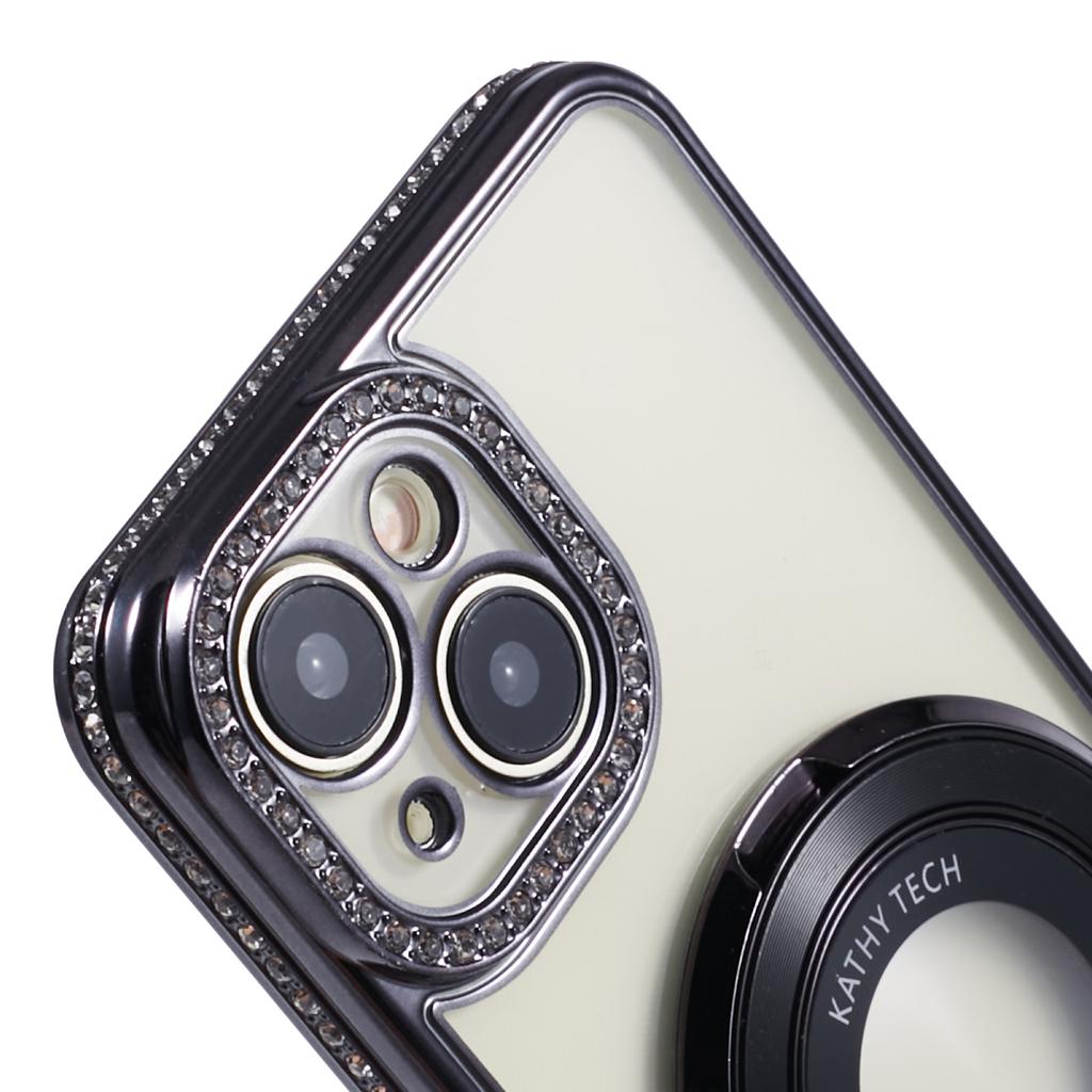 For iPhone 15 Case with Ring Kickstand TPU Anti-Dust Rhinestones Decor Protective Cover